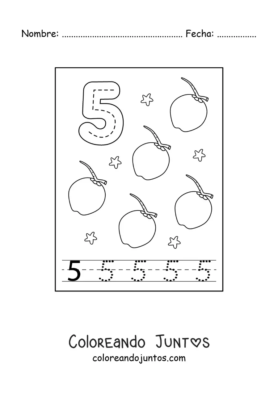 Imagen para colorear de tarjeta para aprender a trazar el número 5 y contar con frutas