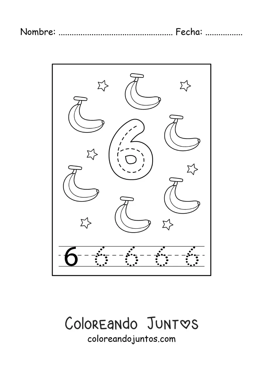 Imagen para colorear de tarjeta para aprender a trazar el número 6 y contar con frutas