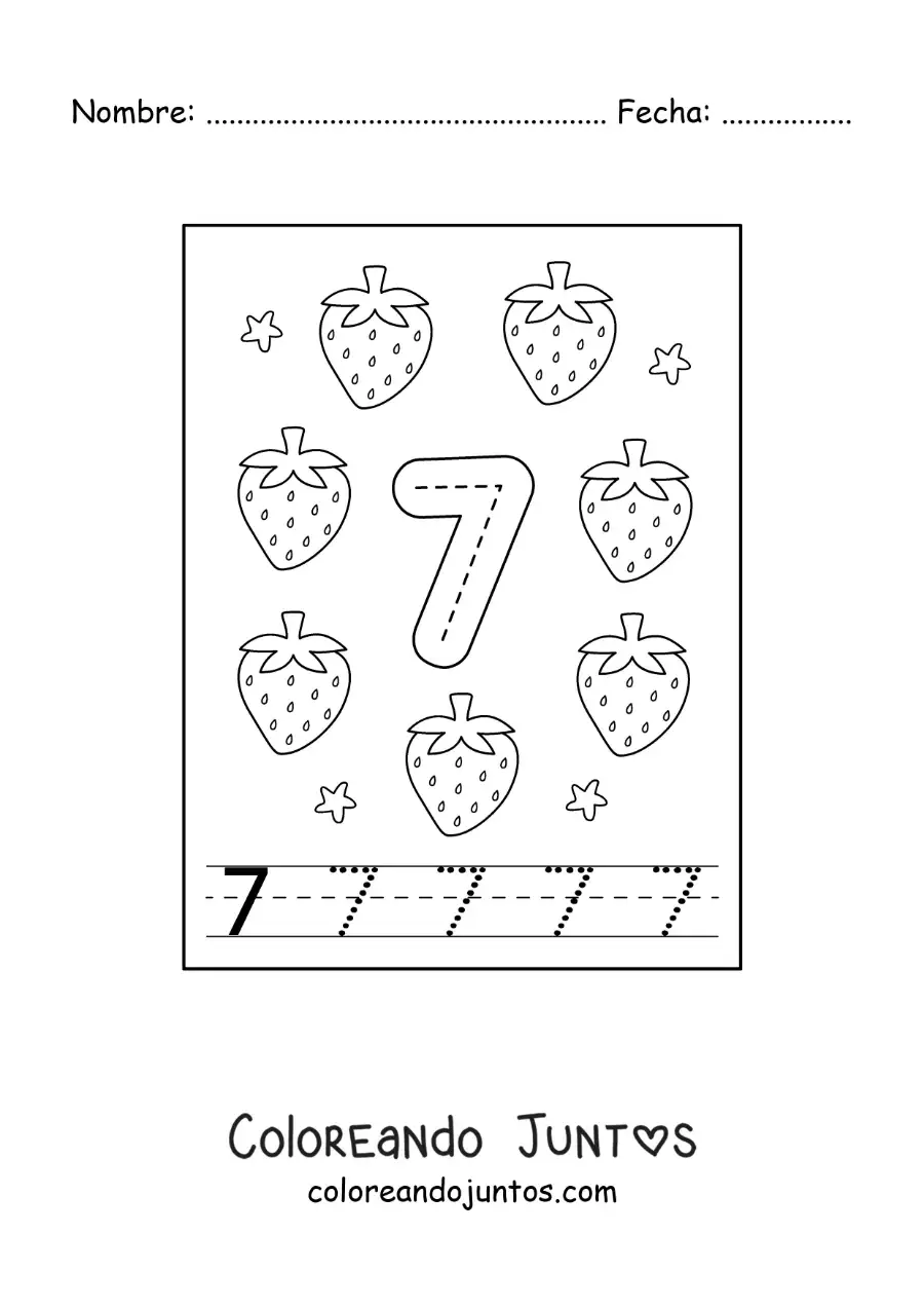Imagen para colorear de tarjeta para aprender a trazar el número 7 y contar con frutas