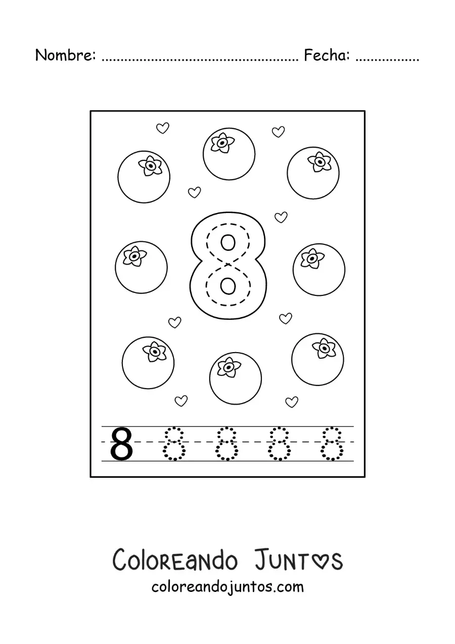 Imagen para colorear de tarjeta para aprender a trazar el número 8 y contar con frutas