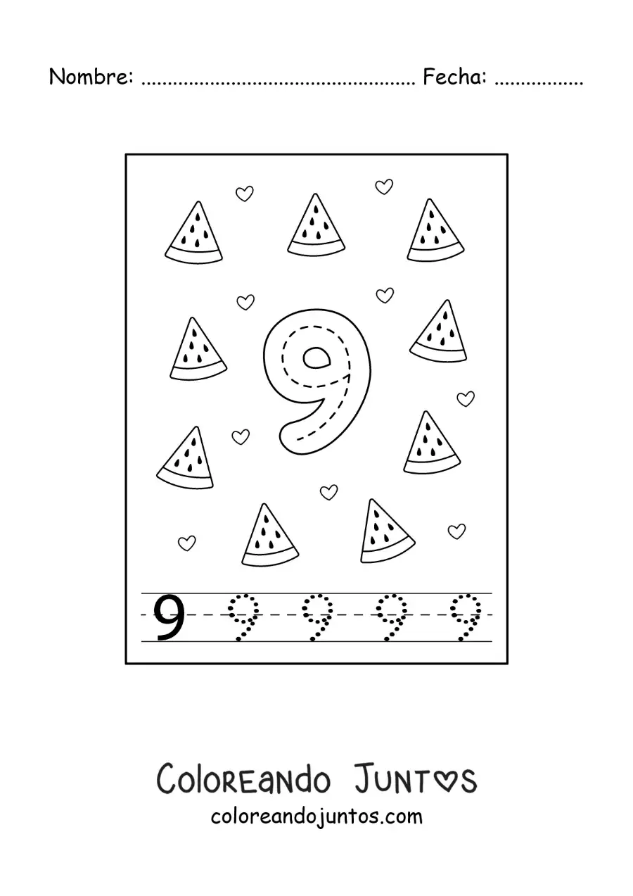 Imagen para colorear de tarjeta para aprender a trazar el número 9 y contar con frutas