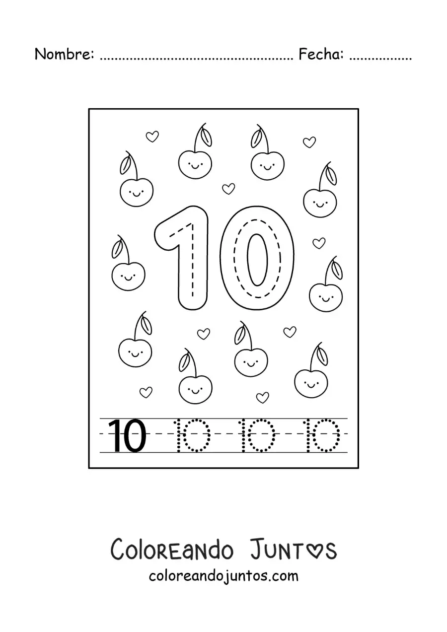 Imagen para colorear de tarjeta para aprender a trazar el número 10 y contar con frutas