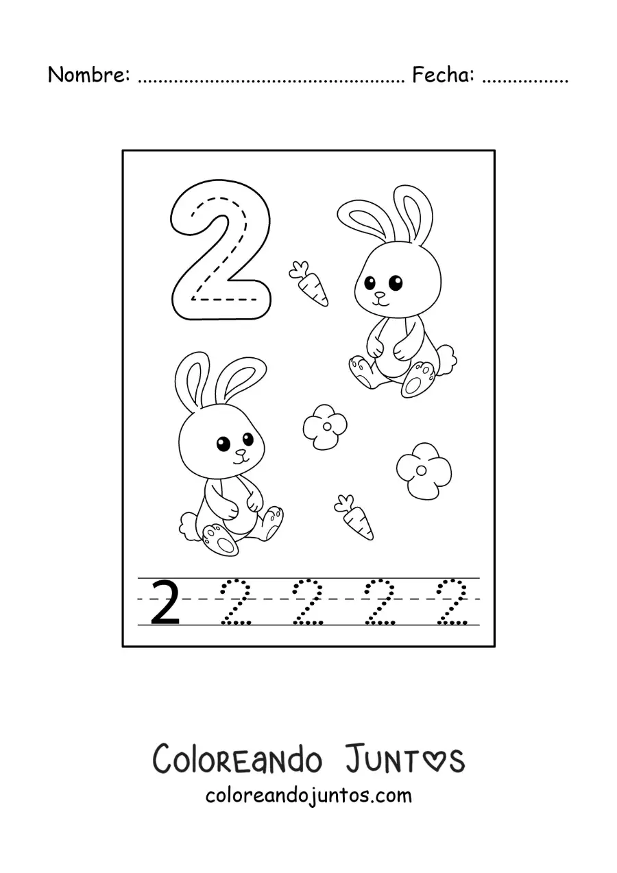 Imagen para colorear de actividad para trazar el número 2 y contar con dibujos animados