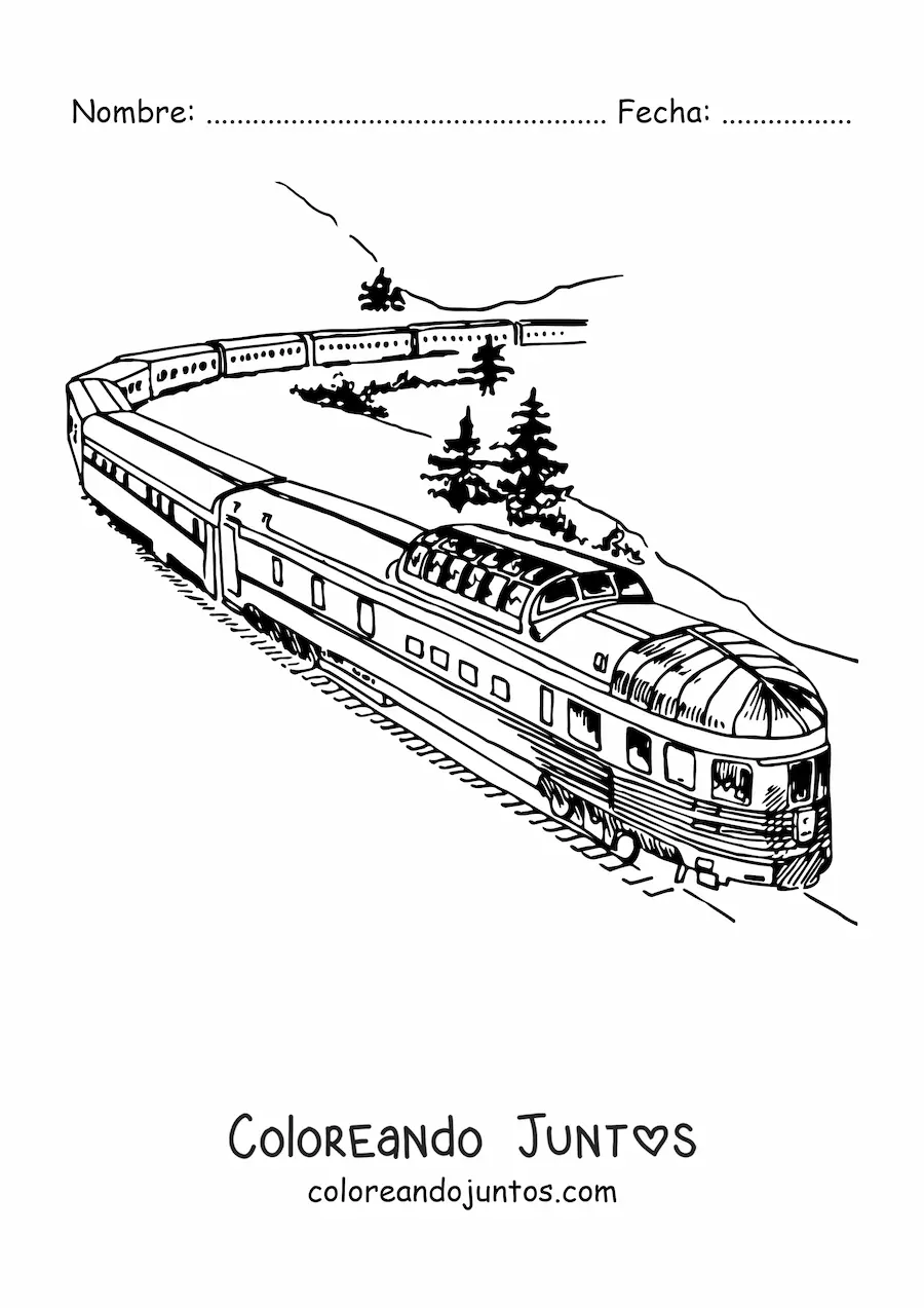 Imagen para colorear de un tren moderno sobre vías en el campo