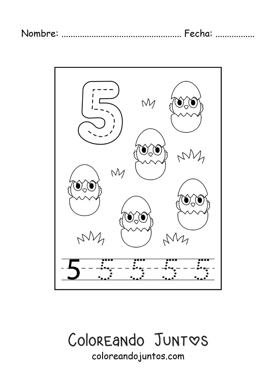 Imagen para colorear de actividad para trazar el número 5 y contar con dibujos animados