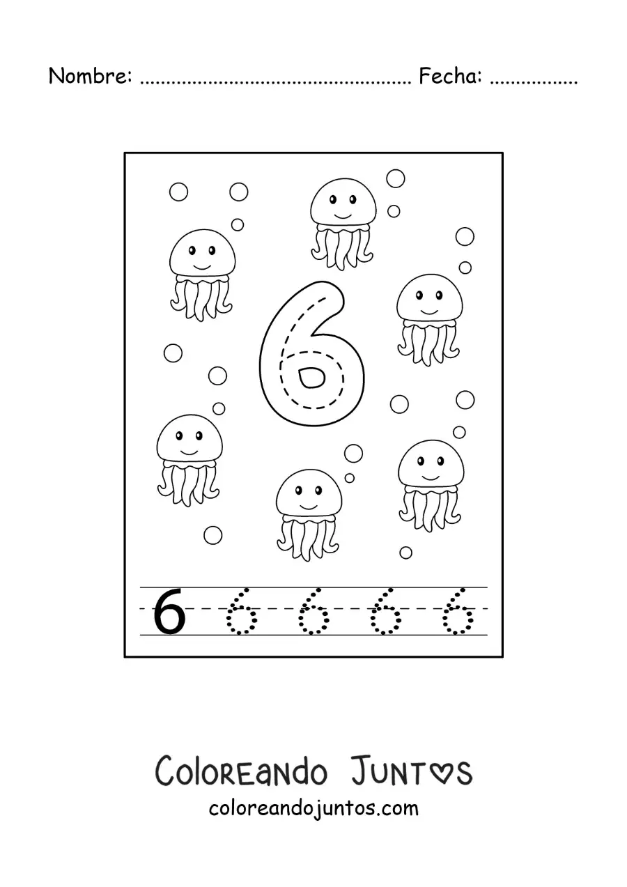 Imagen para colorear de actividad para trazar el número 6 y contar con dibujos animados