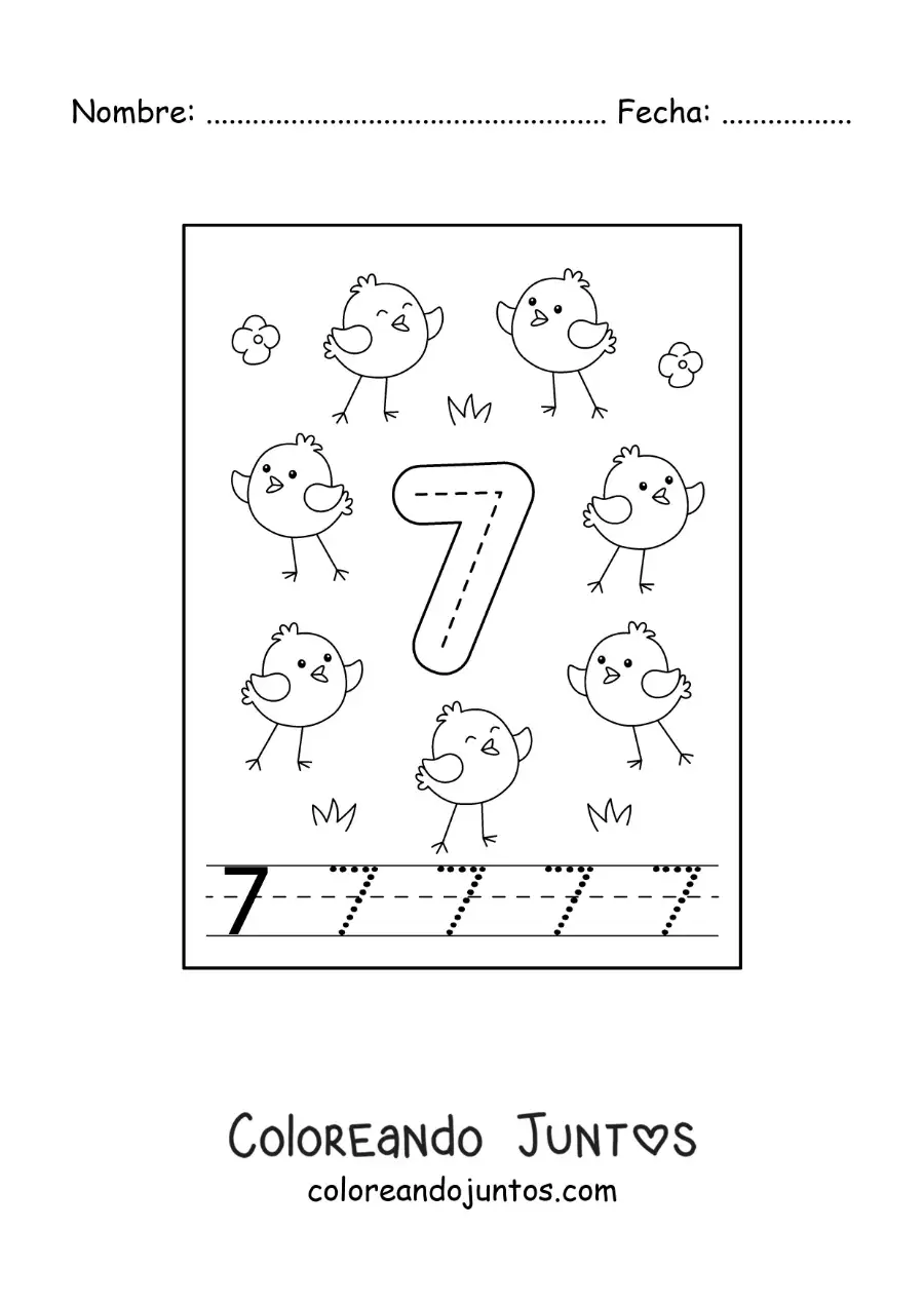 Imagen para colorear de actividad para trazar el número 7 y contar con dibujos animados