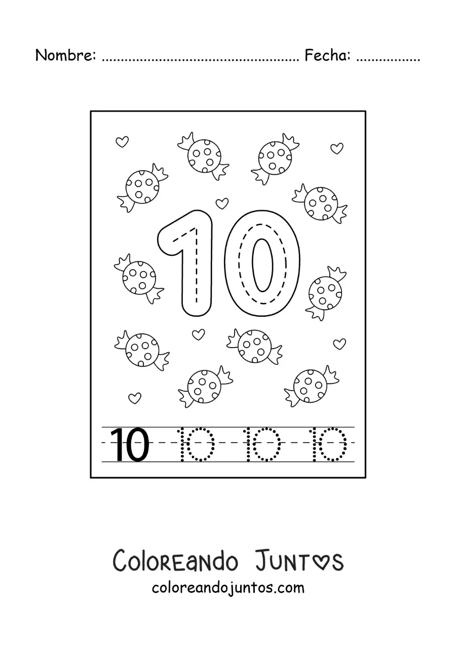 Imagen para colorear de actividad para trazar el número 10 y contar con dibujos animados