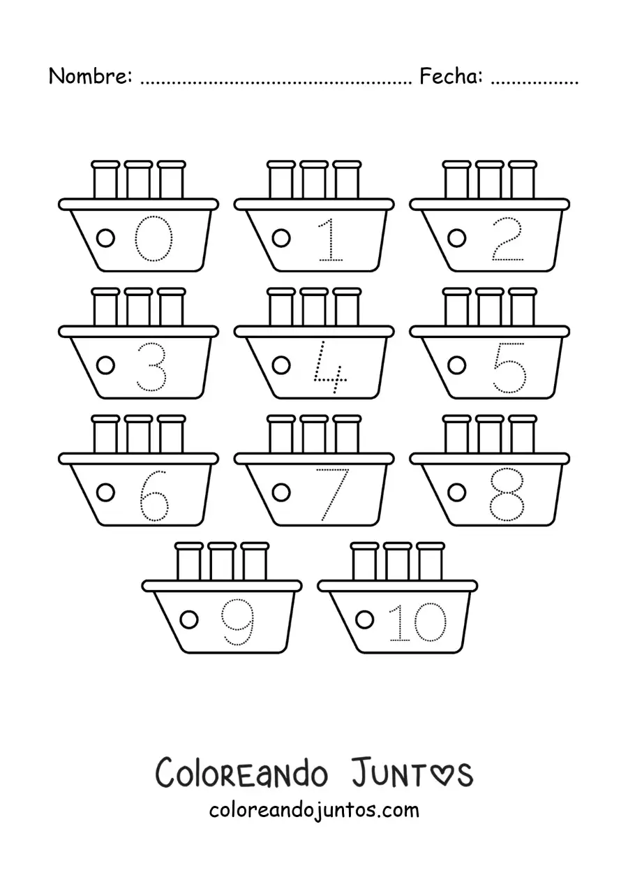 Imagen para colorear de actividad para trazar los números del 1 al 10 con barcos