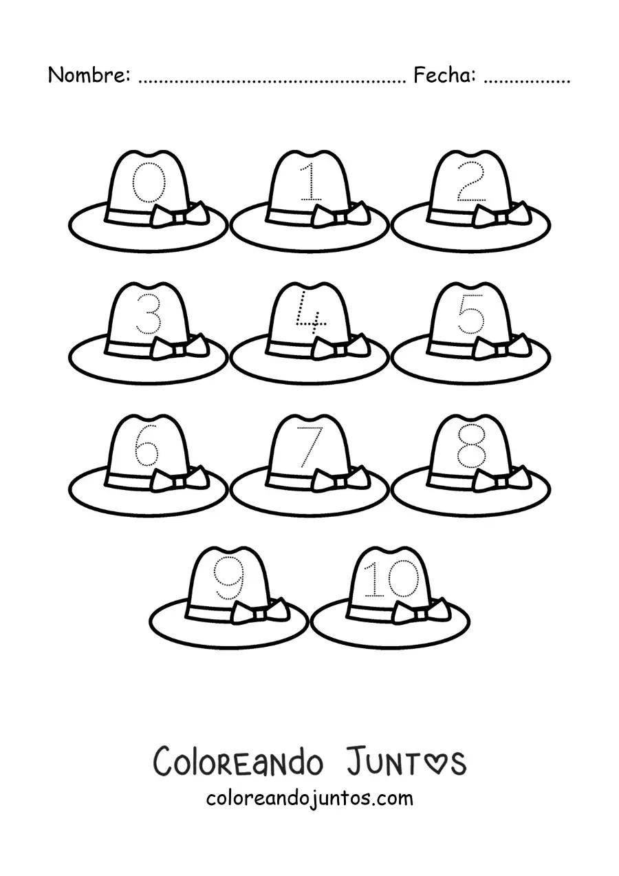 Imagen para colorear de actividad para trazar los números del 1 al 10 con sombreros