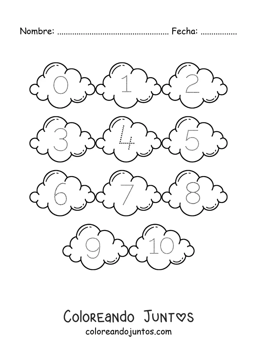 Imagen para colorear de actividad para trazar los números del 1 al 10 con nubes
