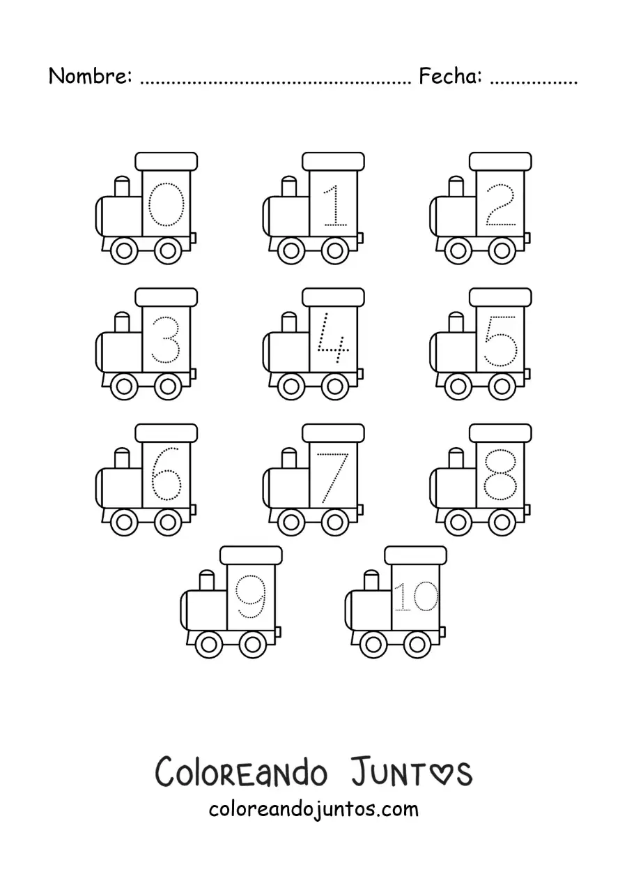 Imagen para colorear de actividad para trazar los números del 1 al 10 con trenes