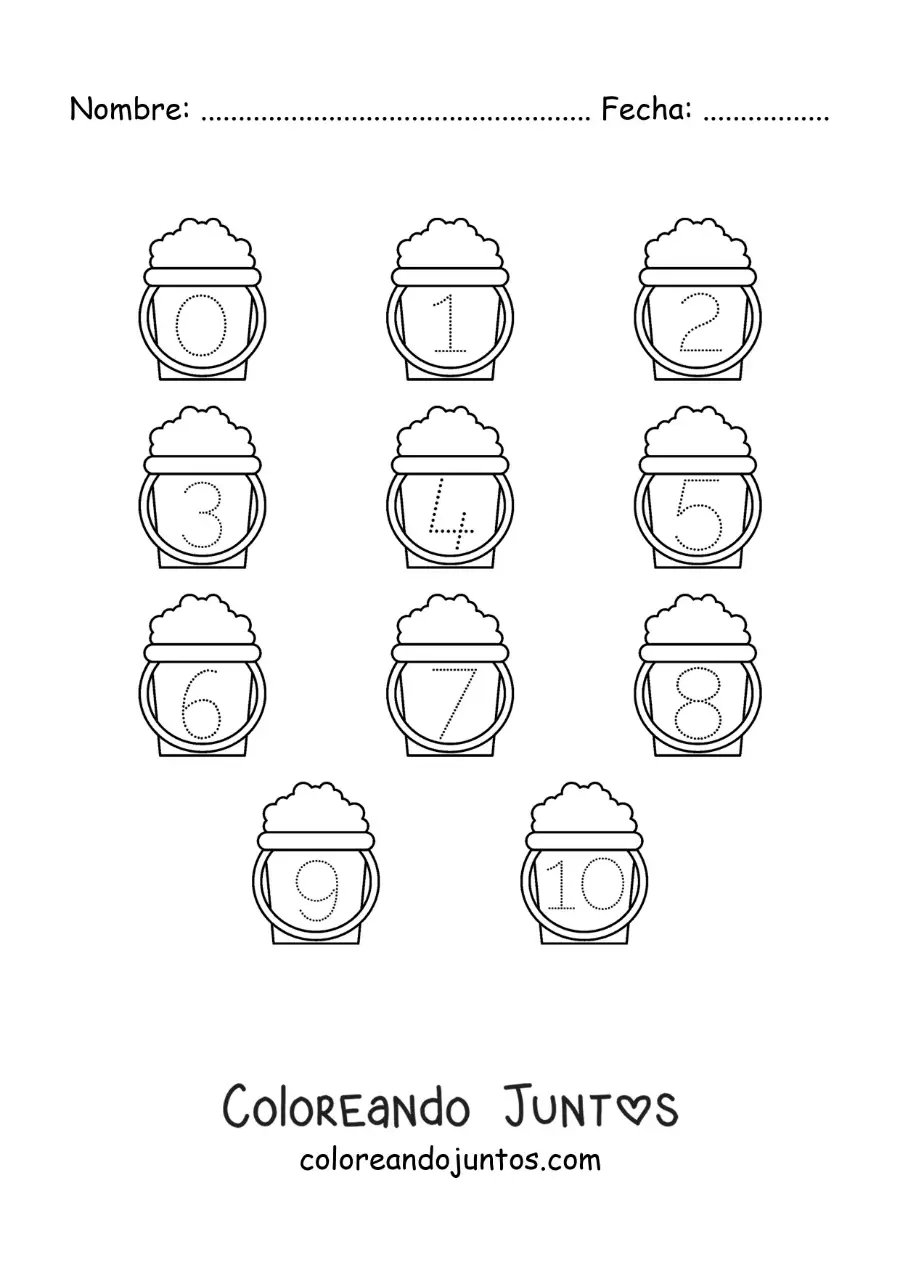 Imagen para colorear de actividad para trazar los números del 1 al 10 con baldes de arena