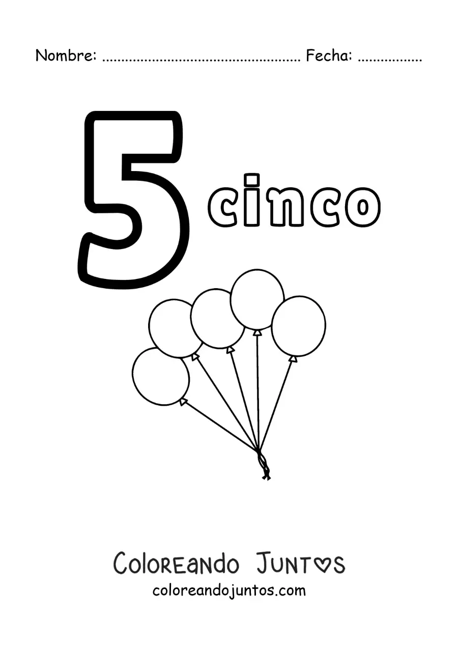 Imagen para colorear de ficha del número 5 para aprender a contar con dibujos divertidos