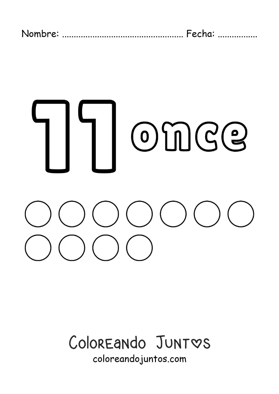 Imagen para colorear de ficha del número 11 para aprender a contar con dibujos divertidos