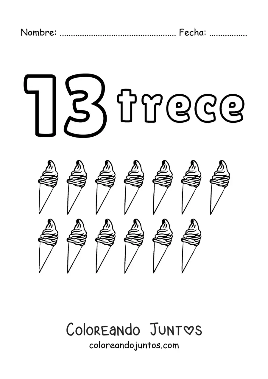 Imagen para colorear de ficha del número 13 para aprender a contar con dibujos divertidos
