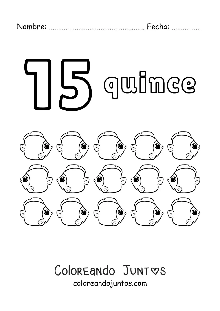 Imagen para colorear de ficha del número 15 para aprender a contar con dibujos divertidos