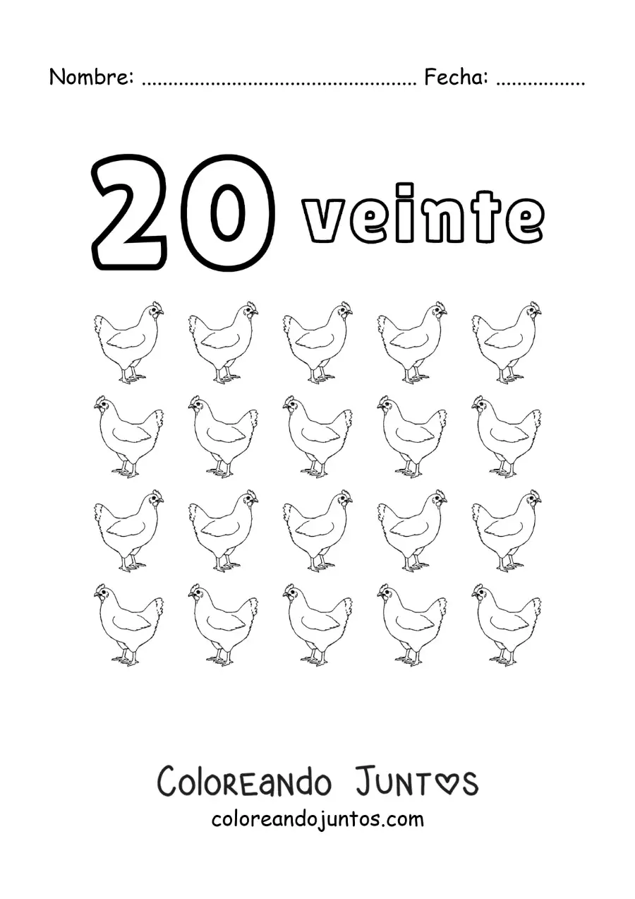 Imagen para colorear de ficha del número 20 para aprender a contar con dibujos divertidos