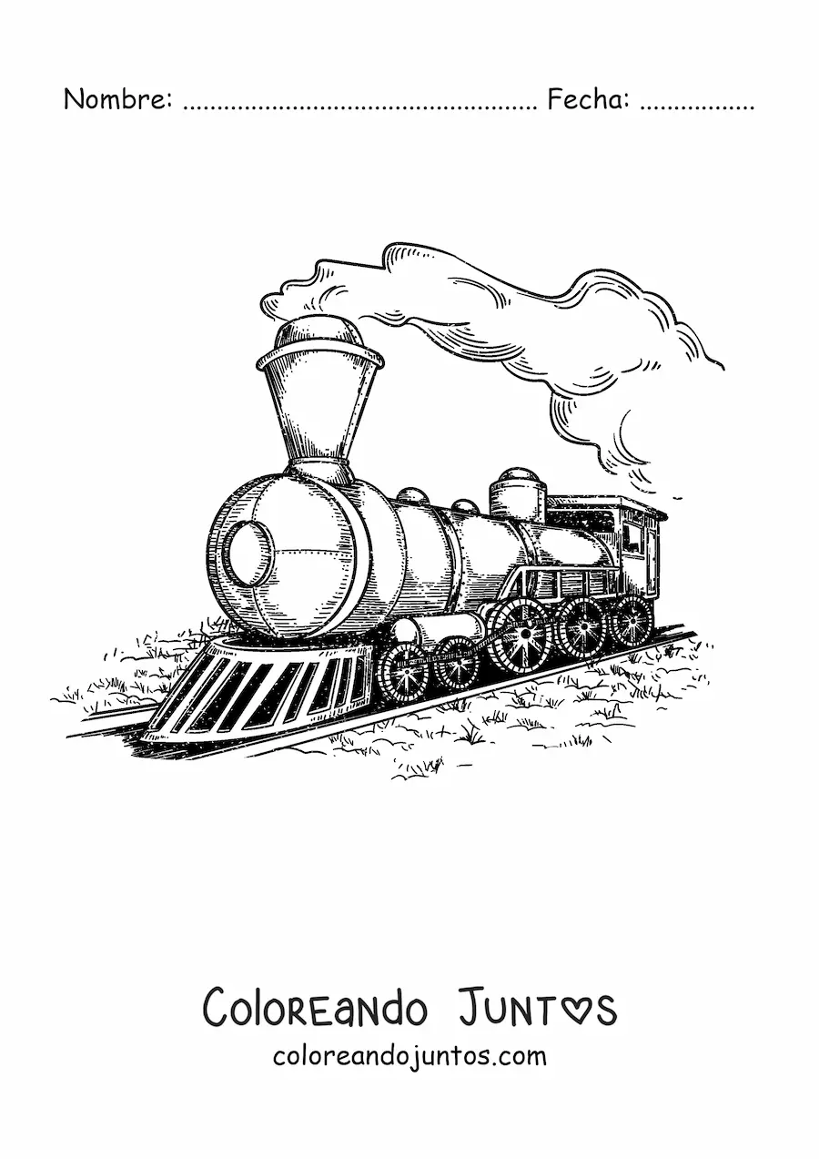 Imagen para colorear de una locomotora antigua en movimiento