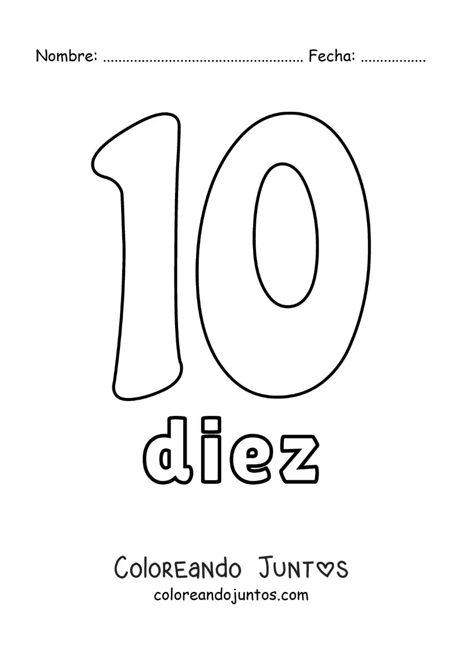 Imagen para colorear de ficha del 10 para aprender los números naturales