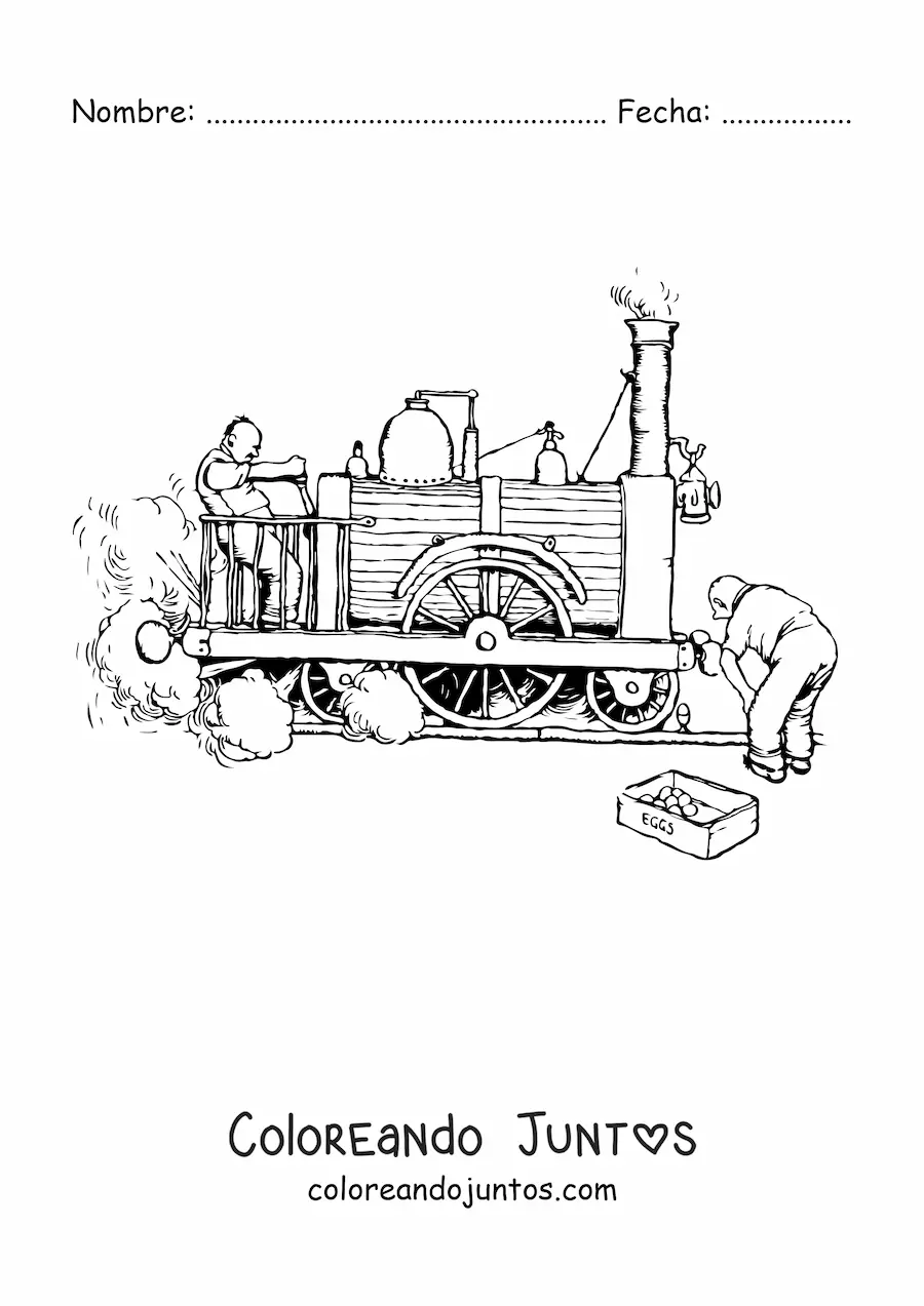 Imagen para colorear de dos hombres probando una locomotora antigua