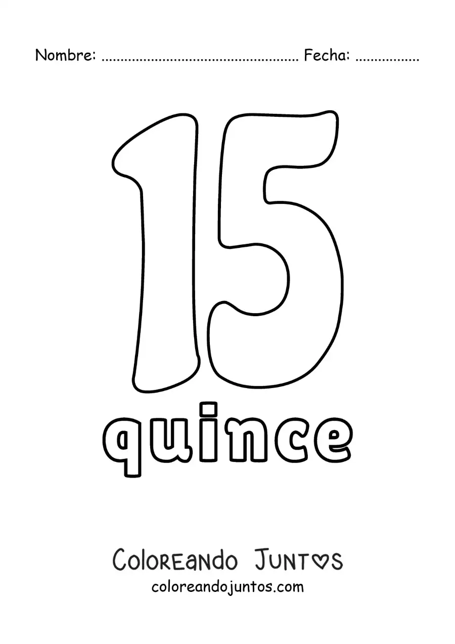 Imagen para colorear de ficha del 15 para aprender los números naturales
