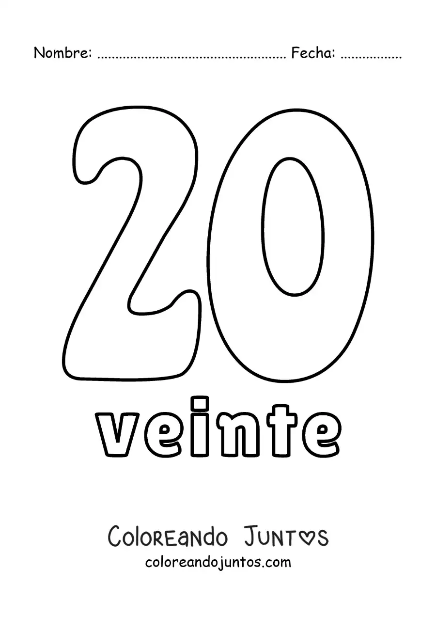 Imagen para colorear de ficha del 20 para aprender los números naturales