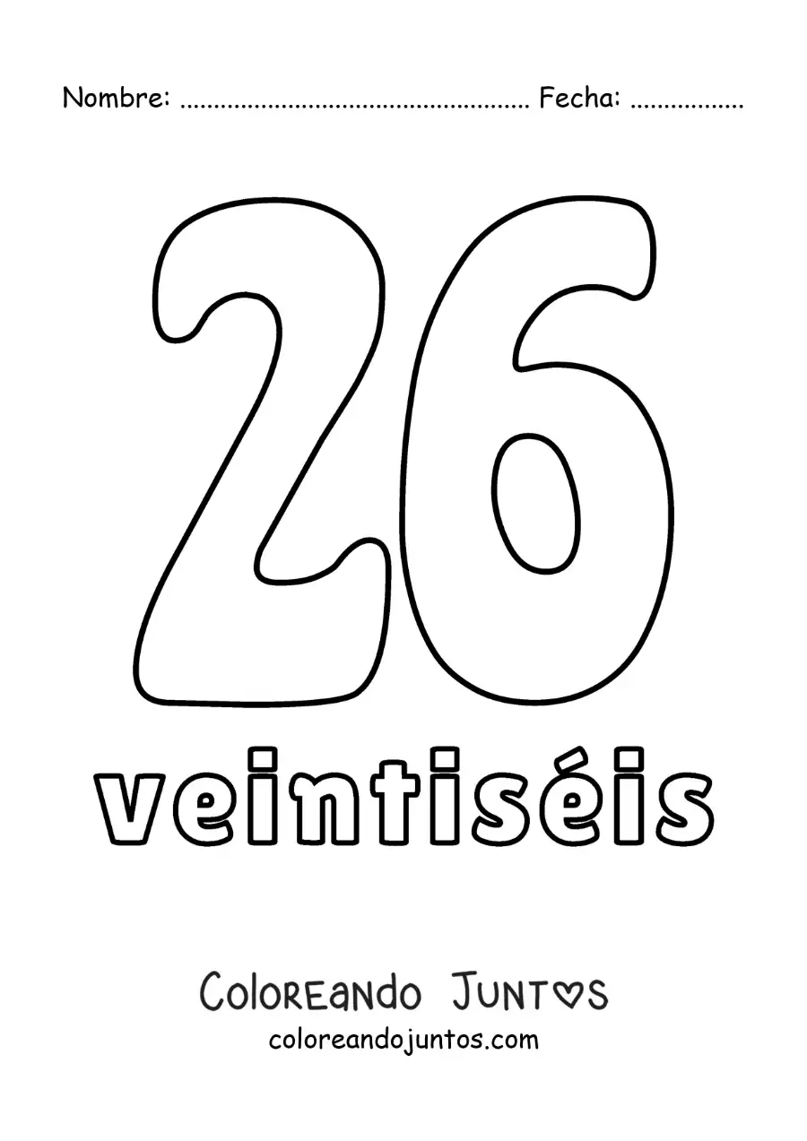 Imagen para colorear de ficha del 26 para aprender los números naturales