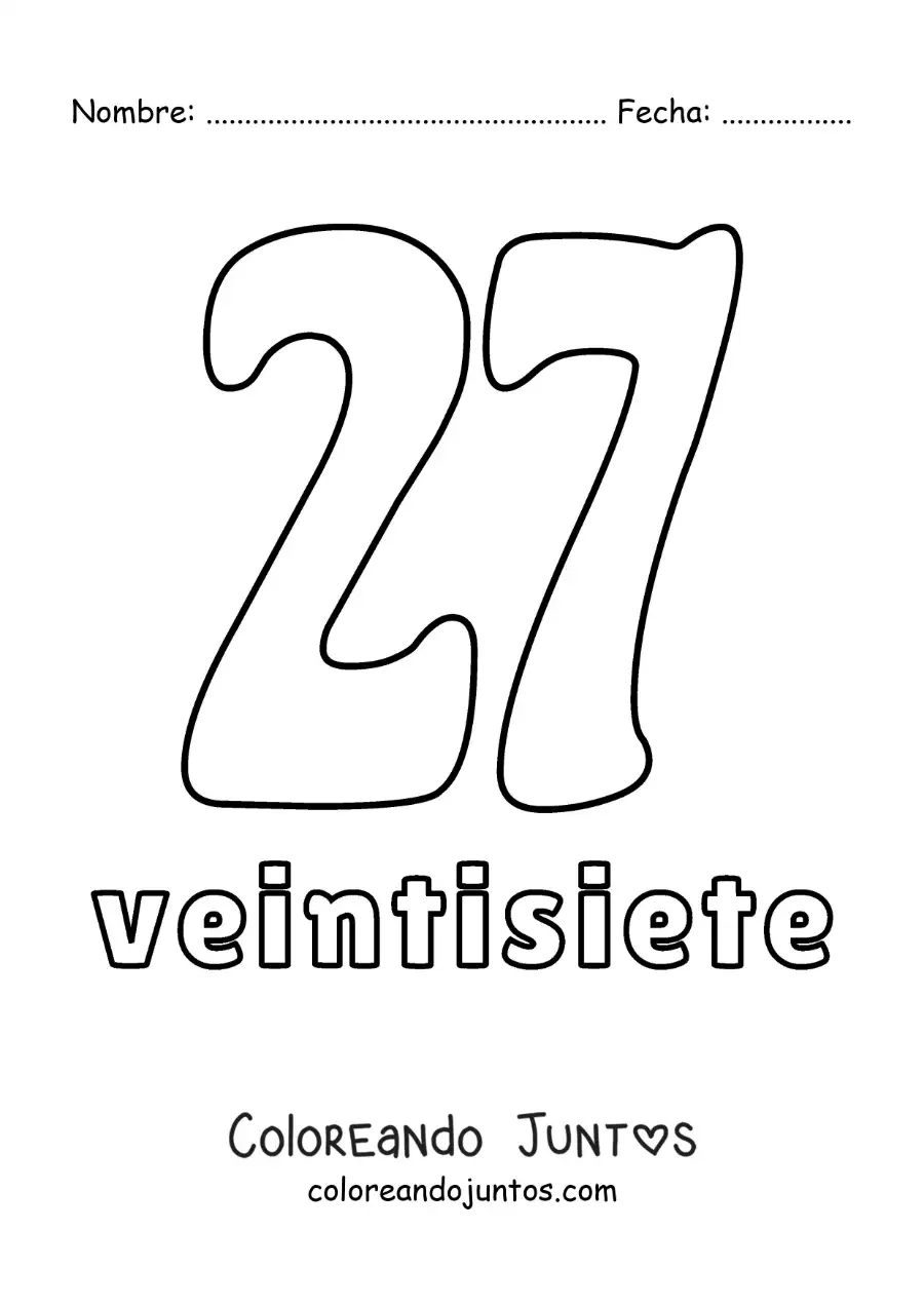 Imagen para colorear de ficha del 27 para aprender los números naturales