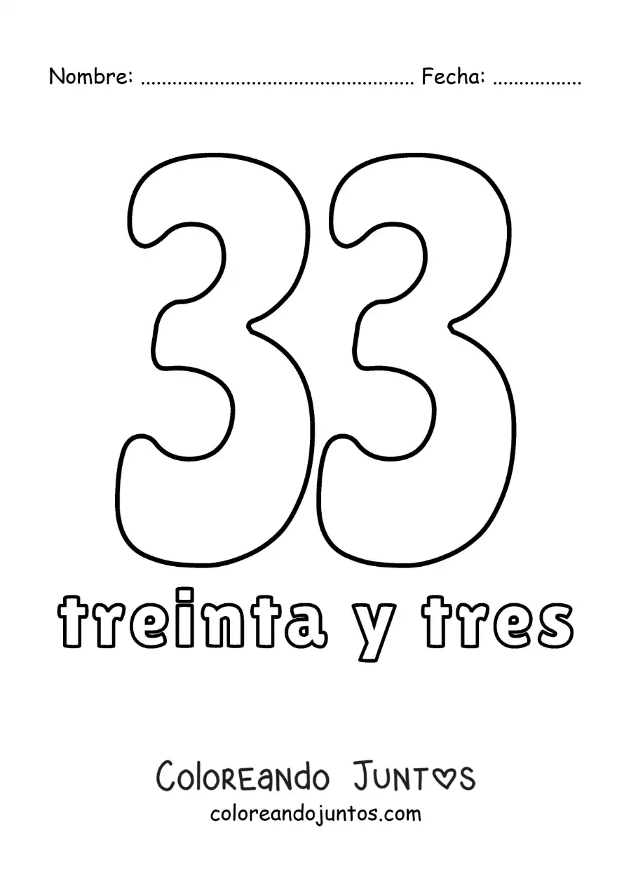 Imagen para colorear de ficha del 33 para aprender los números naturales