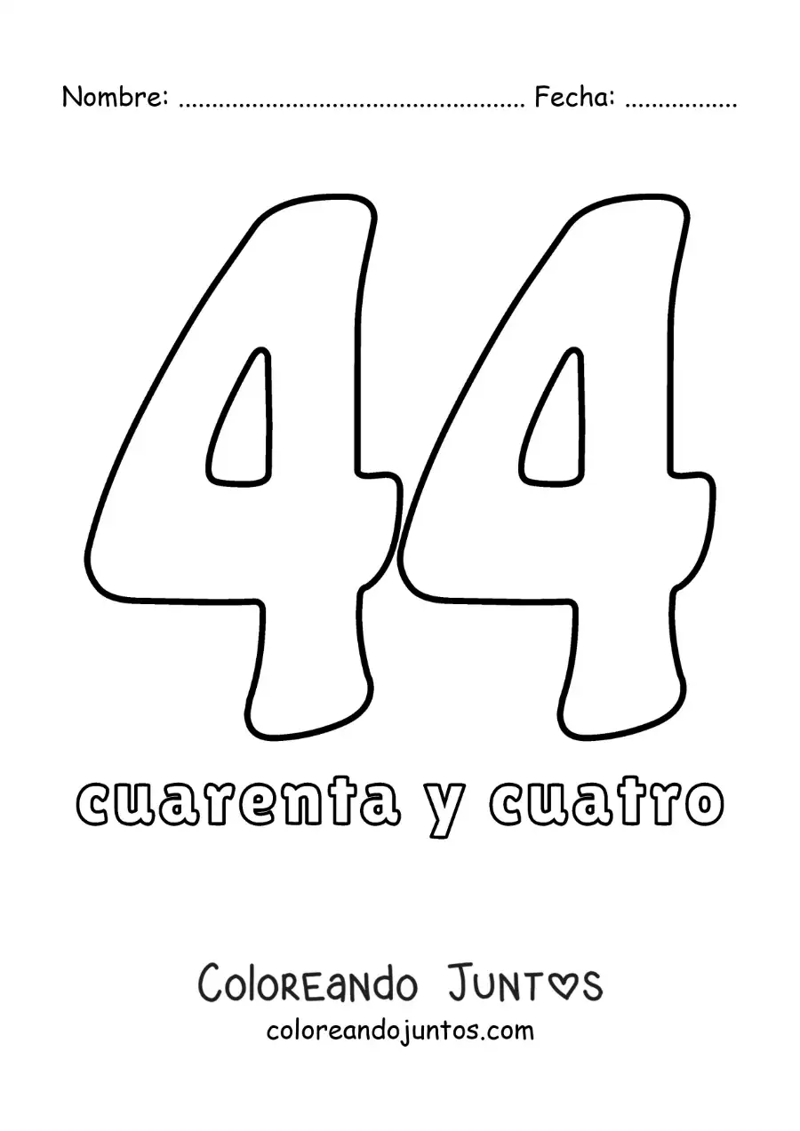 Imagen para colorear de ficha del 44 para aprender los números naturales