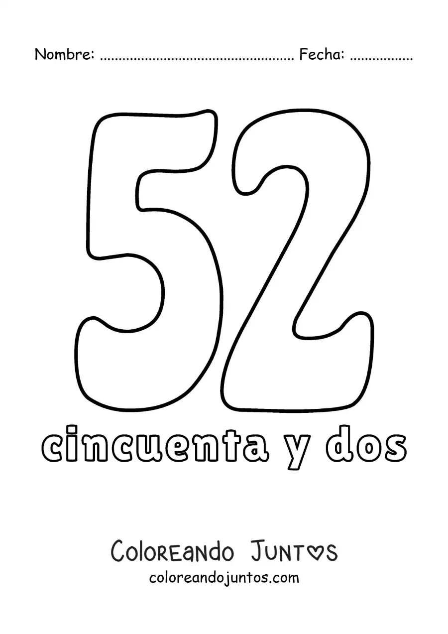 Imagen para colorear de ficha del 52 para aprender los números naturales