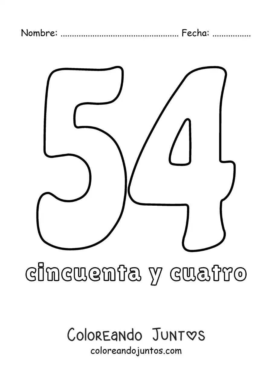 Imagen para colorear de ficha del 54 para aprender los números naturales