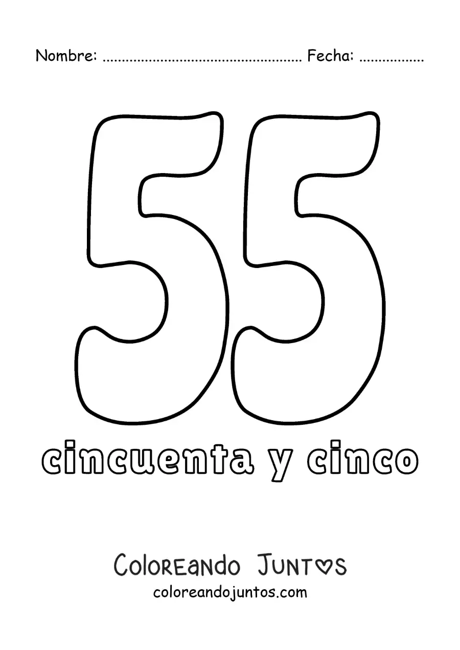 Imagen para colorear de ficha del 55 para aprender los números naturales
