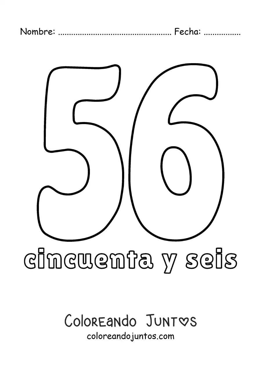 Imagen para colorear de ficha del 56 para aprender los números naturales