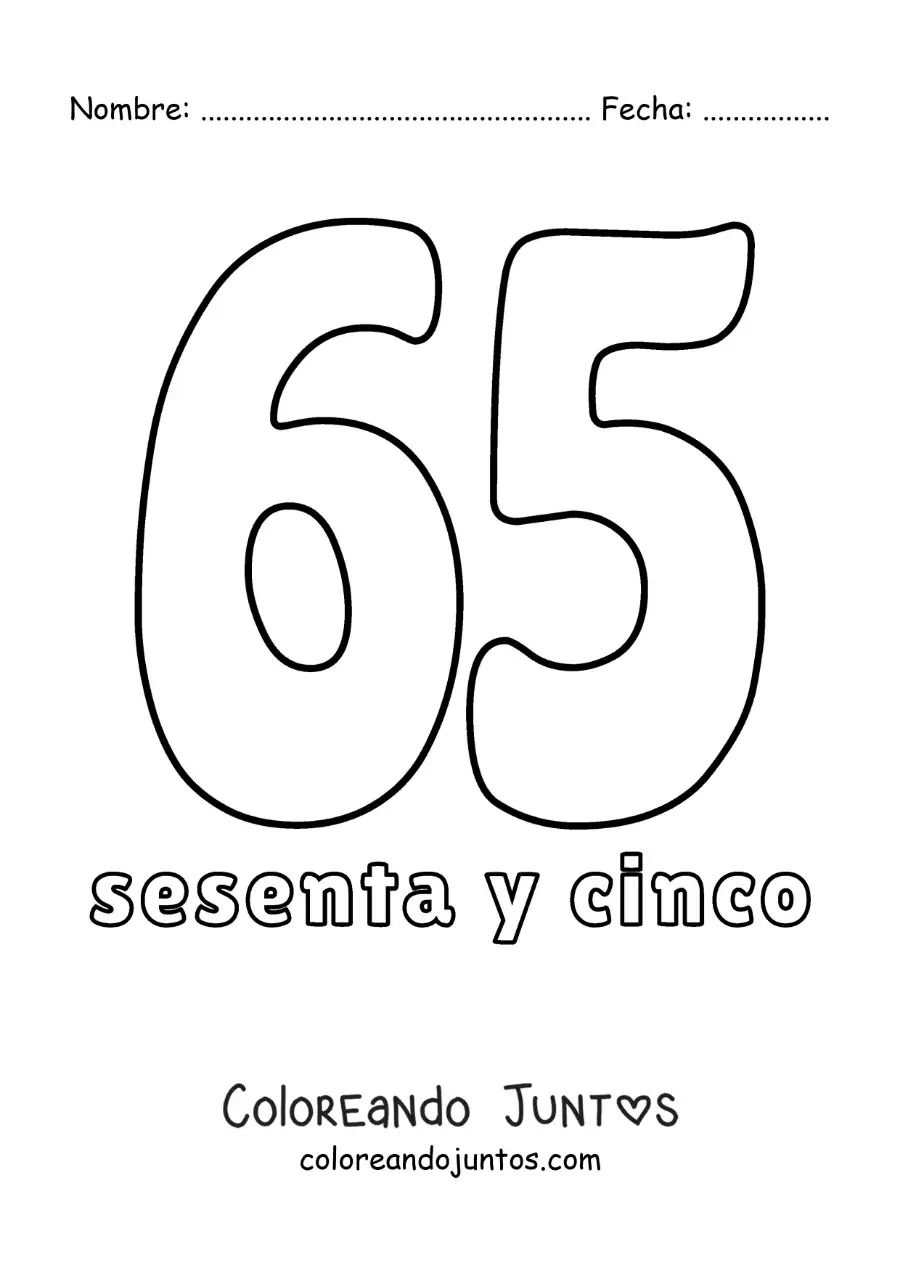 Imagen para colorear de ficha del 65 para aprender los números naturales