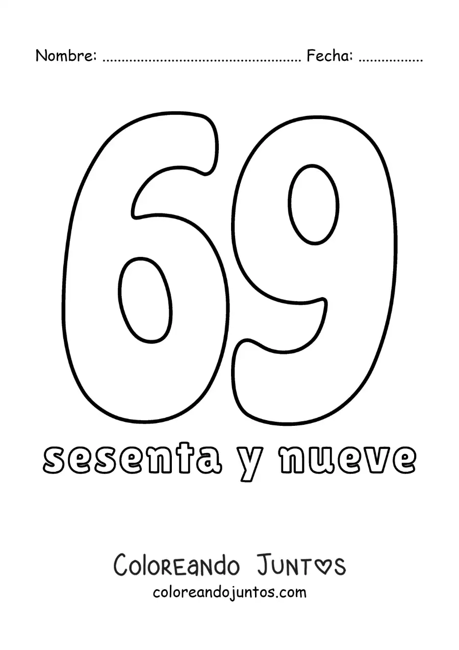 Imagen para colorear de ficha del 69 para aprender los números naturales