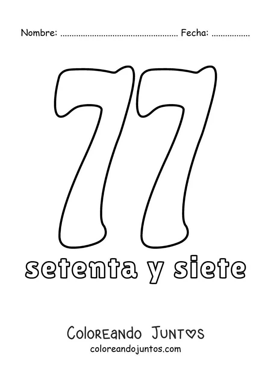 Imagen para colorear de ficha del 77 para aprender los números naturales