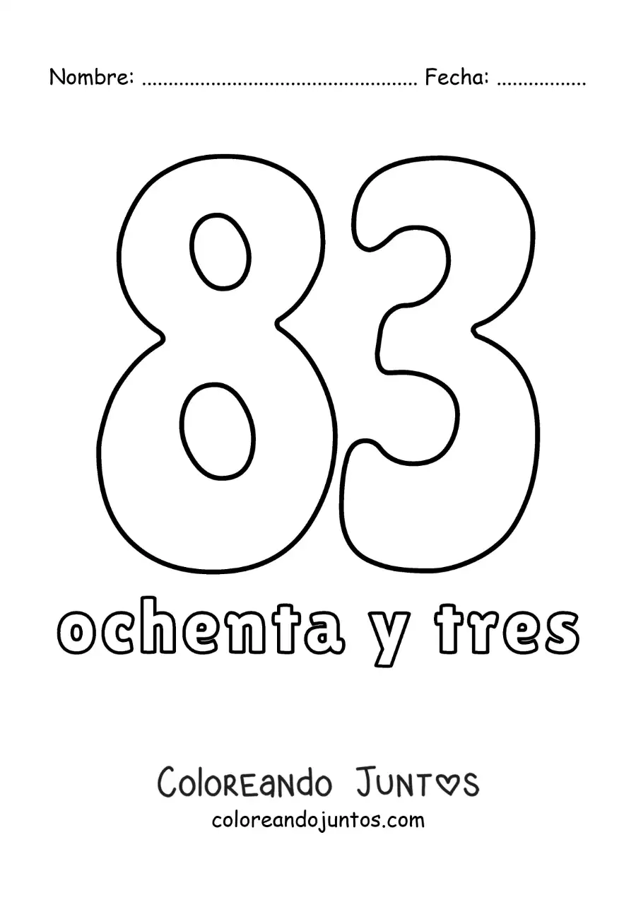 Imagen para colorear de ficha del 83 para aprender los números naturales