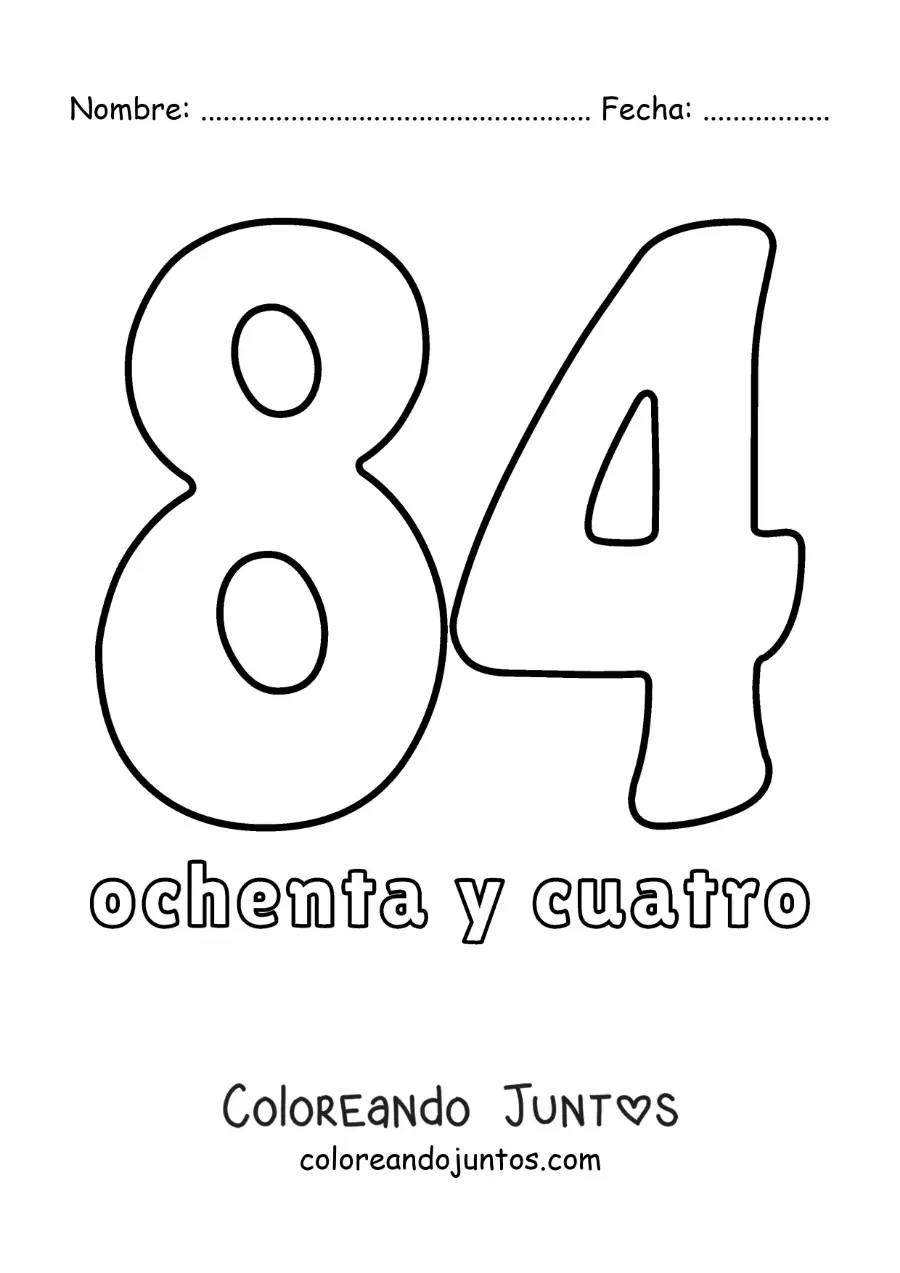 Imagen para colorear de ficha del 84 para aprender los números naturales