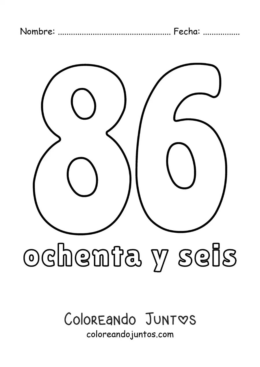 Imagen para colorear de ficha del 86 para aprender los números naturales