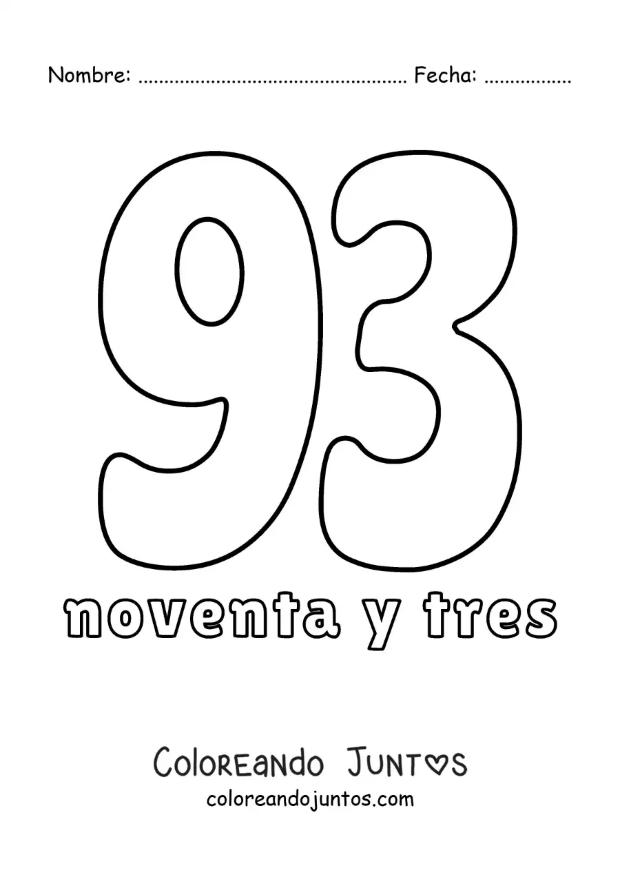 Imagen para colorear de ficha del 93 para aprender los números naturales