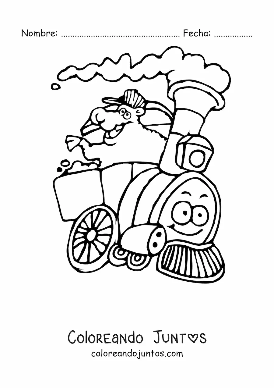 Imagen para colorear de una oveja animada en un tren