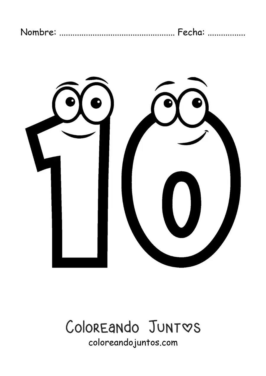 Imagen para colorear del número 10 animado para niños