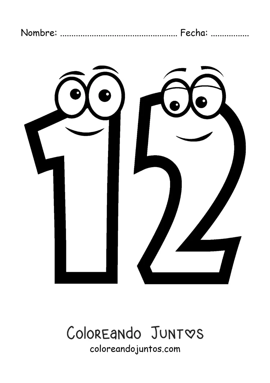 Imagen para colorear del número 12 animado para niños