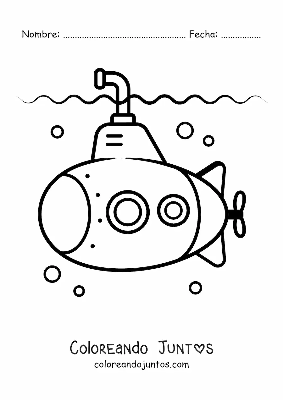 Imagen para colorear de una caricatura de un submarino bajo el agua