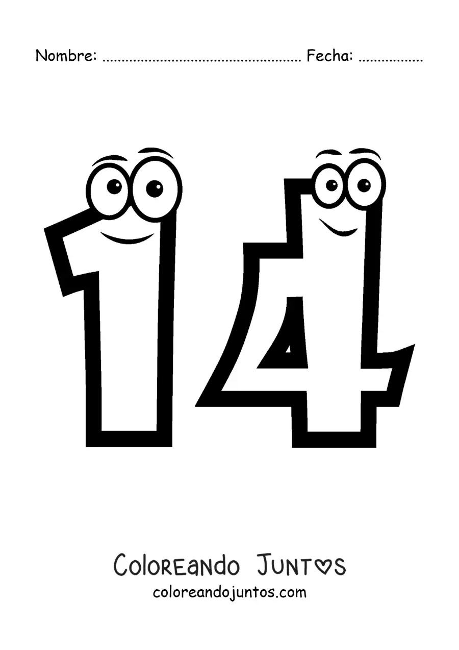 Imagen para colorear del número 14 animado para niños