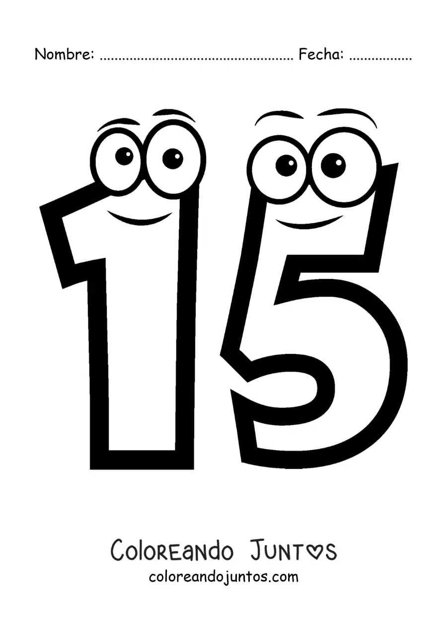Imagen para colorear del número 15 animado para niños