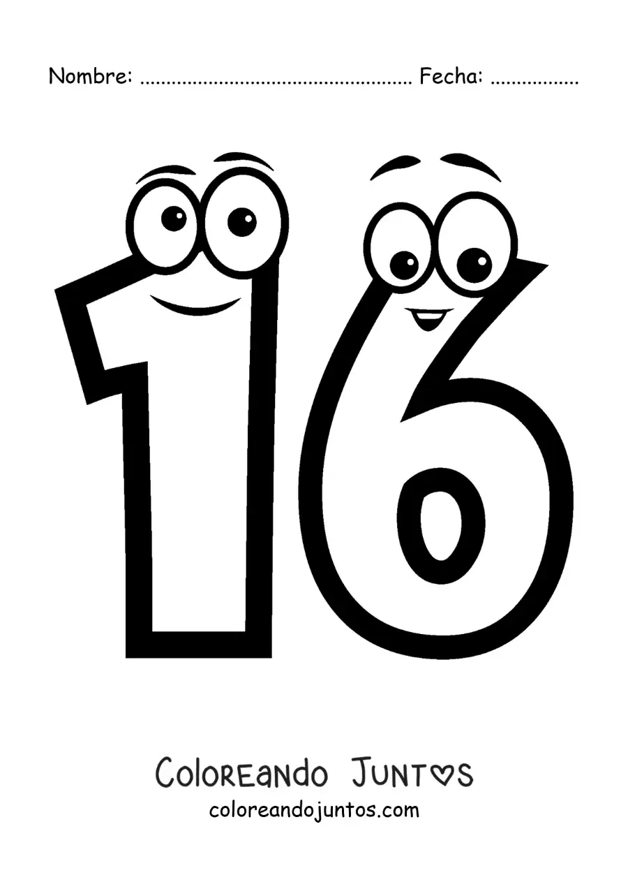Imagen para colorear del número 16 animado para niños