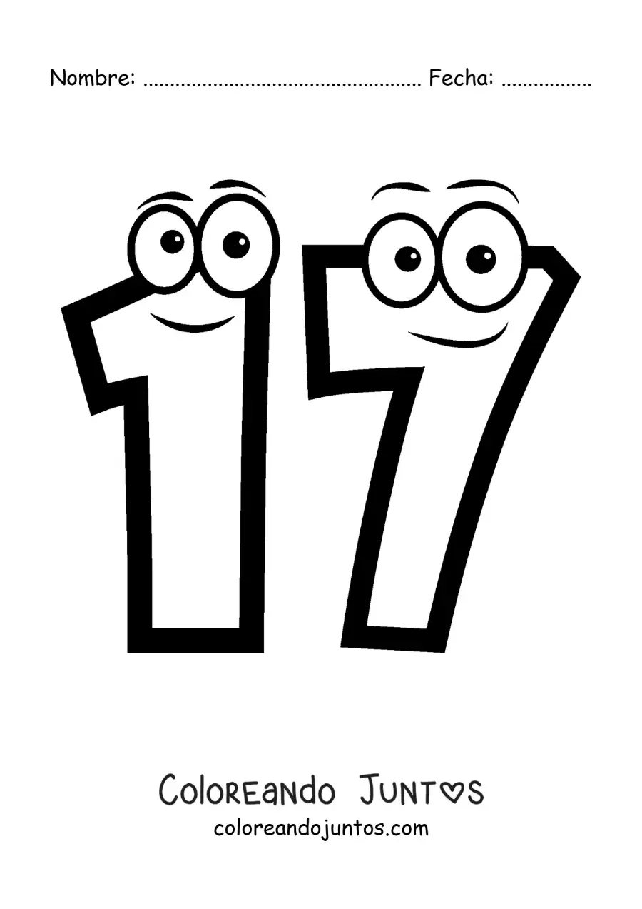 Imagen para colorear del número 17 animado para niños